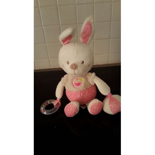 Peluche Doudou Lapin Blanc Rose Mots D'enfants Balle Hochet 24/33cm