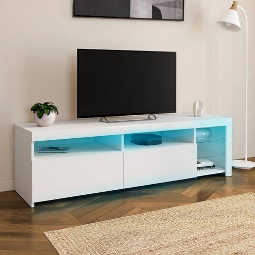 Meuble Tv 140 Cm Solveig Étagères En Verre Avec Led Blanc Laqué