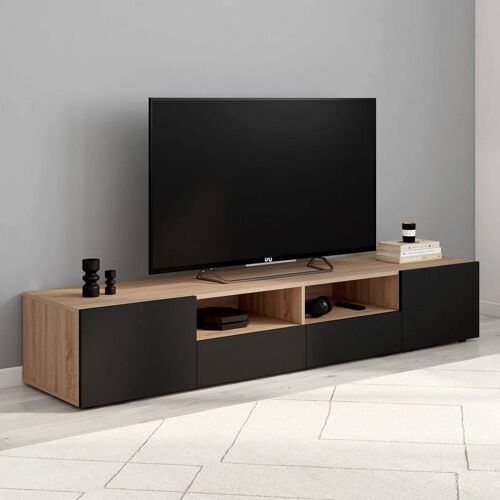 Meuble TV 180 cm ELI bois façon hêtre portes noires