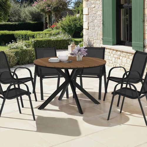 Idmarket Salon De Jardin Messina Table Ronde Pied Arraigné Plateau Effet Bois Et 6 Chaises Empilables Noires