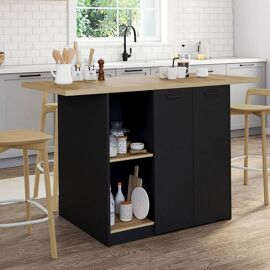 Ilot central BAO 140 cm 4 personnes bois noir avec plan de travail façon hêtre