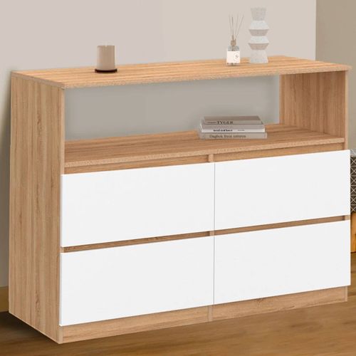 Commode 4 Tiroirs Tomi 100 Cm Avec Niche Façon Hêtre Et Blanc