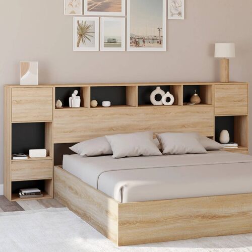 Tête De Lit Sur Pied Campha 240 Cm Avec Chevets Tiroir + Placards + Niches Bois Et Noir
