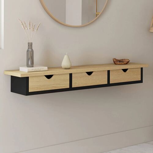 Etagère murale console d'entrée LISE 3 tiroirs effet bois et noir