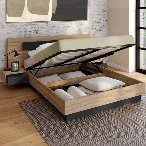 Lit Coffre Santa Avec Tables De Chevets Intégrées Et Sommier 140x190cm Couleur Bois Et Noir
