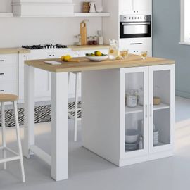 Ilot Central Lino 120 Cm 2 Personnes Bois Blanc Et Plan De Travail Façon Hêtre Et Portes Vitrées