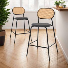 Lot De 2 Tabourets De Bar Vintage Clotilde En Métal Noir Et Dossier Cannage