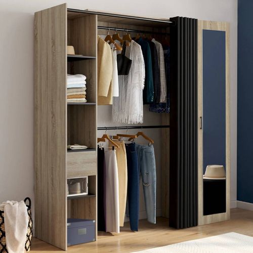 Dressing extensible MERYL 145/170 x 50 x 180 cm hêtre avec étagères + double penderie + miroir + rideau noir
