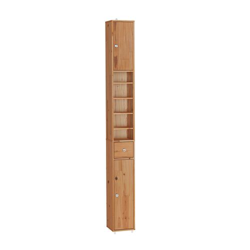 Sobuy Meuble Colonne Salle De Bain En Bois Massif, Armoire De Rangement Étroite Avec Tiroir Et Compartiments Ouverts, Étagères Réglables, Couleur Bois, 20x20x180 Cm, Bzr34-Ii-Sh