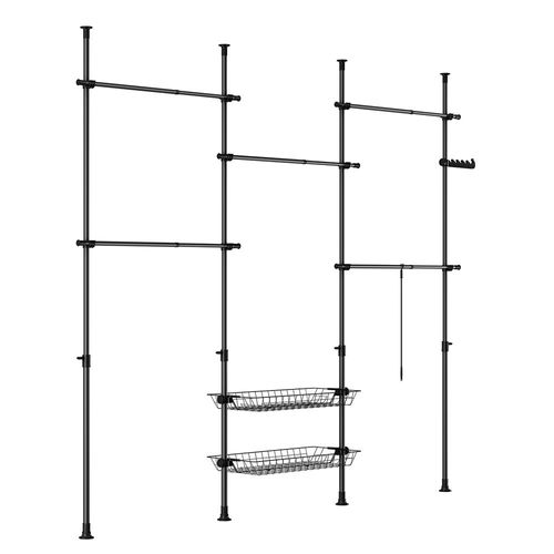SoBuy KLS04-II-SCH Telescopic Appendiabiti da Terra, Robusto Stand Appendiabiti con Aste e Ripiani, Armadio Aperto Regolabile per Camera da Letto, Porta Abiti Nero