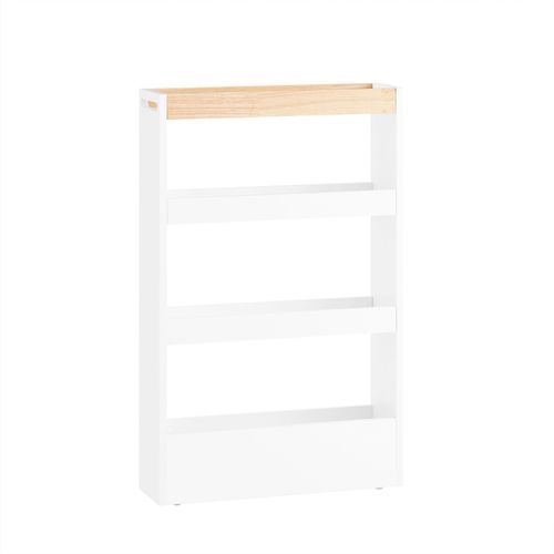 Sobuy Chariot De Rangement À Roulettes, Étagère Fine 15cm De Large Pour Cuisine, Salle De Bain Ou Bureau ¿ 3 Niveaux Avec Poignée, Meuble Rangement Compact, Blanc Et Bois, 80x50x15cm Nsr12-W