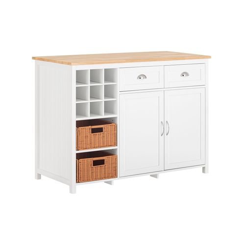 Sobuy Îlot Central De Cuisine, Placard De Cuisine, Buffet De Rangement Avec Porte-Bouteille Pour 9 Bouteilles, 2 Tiroirs, 2 Portes Et 2 Paniers En Rotin ¿ 120x56x90 Cm, Knl05-W