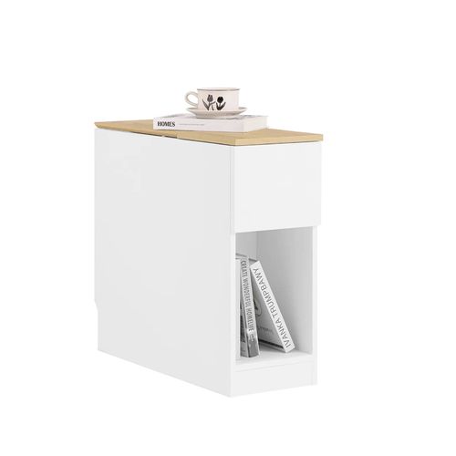 Sobuy Table D'appoint Étroite Avec Étagère Et Tiroirs, Table De Chevet Gain De Place Pour Petits Espaces, W25 X D65 X H60 Cm, Blanc Et Naturel - Fbt162-Wn