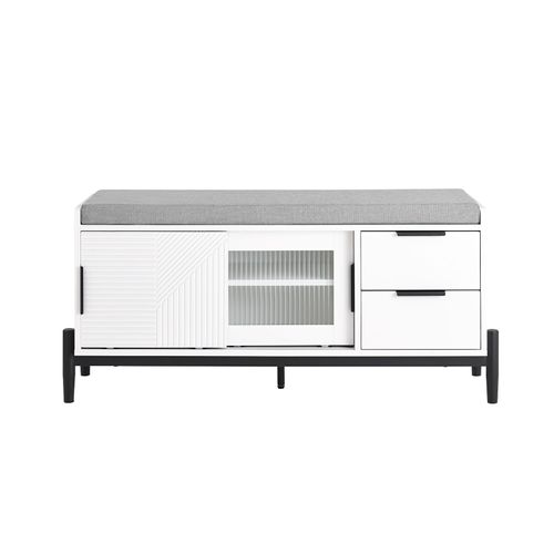 Sobuy Banc De Rangement Avec Coussin Rembourré, Meuble Bas Entrée, Commode À Chaussure, Banquette Avec 2 Porte Coulissantes Et 2 Tiroirs, Pied En Métal, Blanc, L110xp35xh51 Cm, Fsr187-W