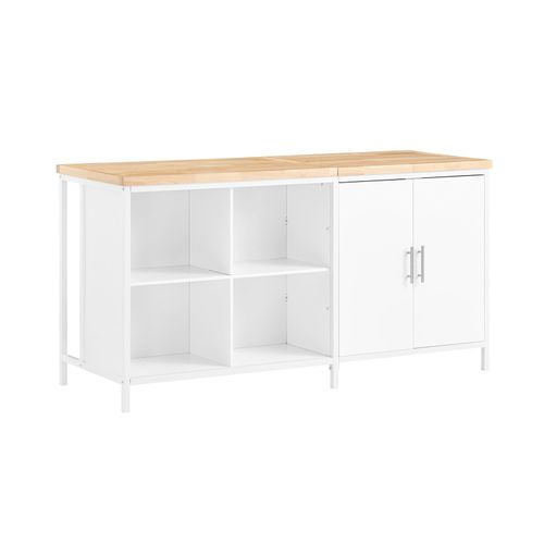 Sobuy Îlot Central De Cuisine Avec Plan De Travail En Bois D'hévéa, Desserte, Placard De Cuisine Avec 2 Portes, 4 Cubes Compartiments, 170x60x89 Cm, Blanc Knl09-Wn