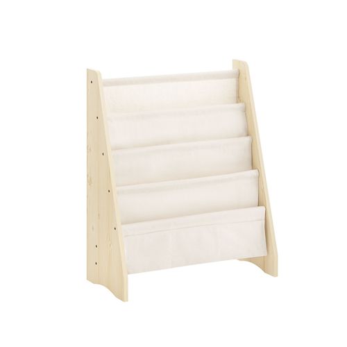 SoBuy Bibliothèque Enfant Meuble Rangement Jouet et Livres pour Chambre Enfant Étagère à Livre avec 4 Compartiments et 3 Poches Tissu Naturel 63x28x76cm KMB50-N