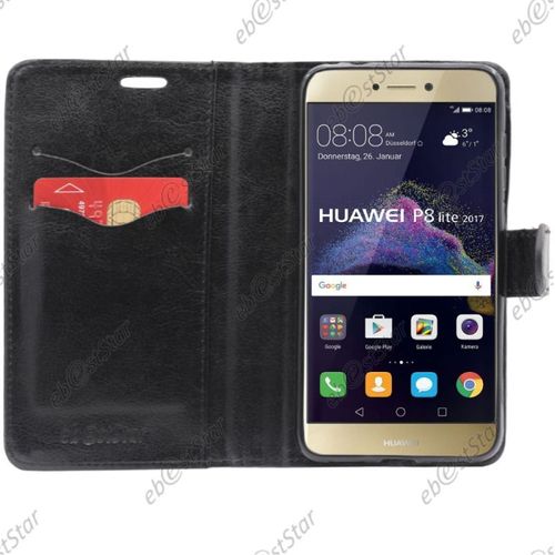 Ebeststar ® Housse Portefeuille Coque Etui Protection Folio + Vitre Anti Casse Film Écran Verre Trempé Pour Huawei P8 Lite (2017), Couleur Noir [Note Importante Lire Description]
