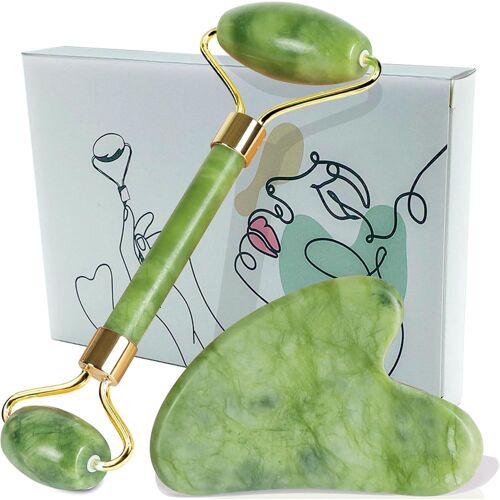 Kal-Gua Sha + Rouleau De Jade Visage + Guide D'utilisation \U2013 Kit Massage Visage: Jade Roller Et Gua-Sha Masseur -Rouleau De Jade Et Pierre De Massage Naturelle Pour Anti-Âge Anti-Rides