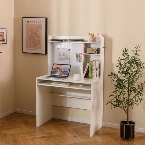 COSTWAY Bureau avec Tableau d'Affichage Magnétique, Huche et Plateau pour Clavier, Etagère Réglable, Blanc