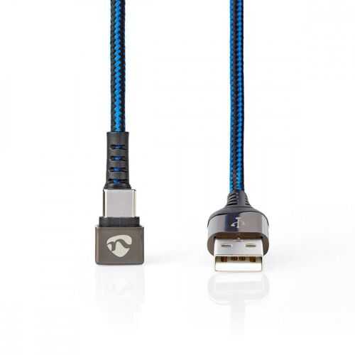 Câble USB 2.0 | A mâle vers Type-C? mâle | connecteur pour jeu 180° | 2,0 m | rond | tressé | Noir-bleu