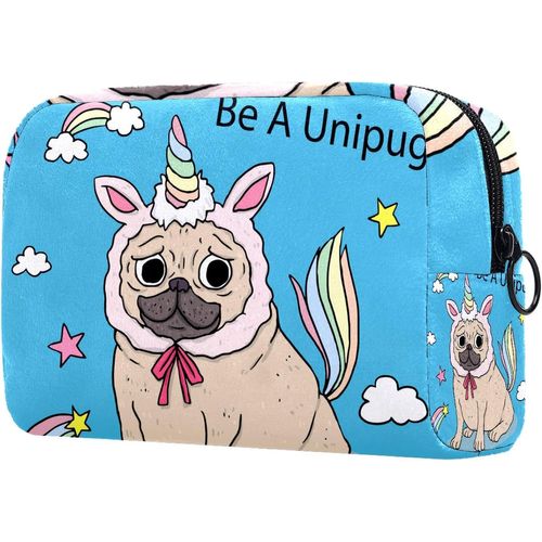 Trousse De Maquillage De Voyage, Trousse De Maquillage, Sac À Main Avec Fermeture Éclair ? Carlin Chien Licorne Arc-En-Ciel Dessin Animé Animal, Cadeau De Fête Des Mères
