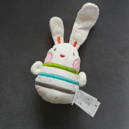Doudou Lapin Vertbaudet Blanc Rayures Bleu Vert Gris Rouge Attache Tétine 