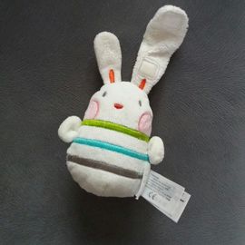 Doudou Lapin Vertbaudet Blanc Rayures Bleu Vert Gris Rouge Attache Tétine 