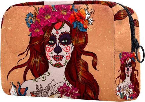 Trousses à cosmétiques pour femmes, trousses de maquillage, trousse de toilette spacieuse, accessoires de voyage, cadeaux ? Fille avec tête de mort en sucre et fleur