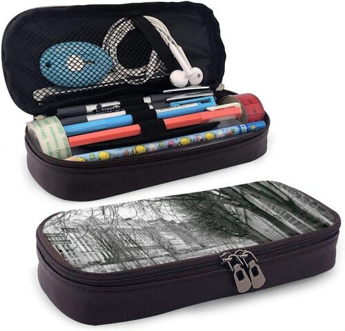 Zywl Fournitures De Bureau Écriture Trousses Haunted Mansion Eyes Leather Pencil Case With Zipper,8 X 3.5 X 1.5 Inch Microfiber Pu Leather Stationery Art Supplies College Office Pencil Holder Pen Case