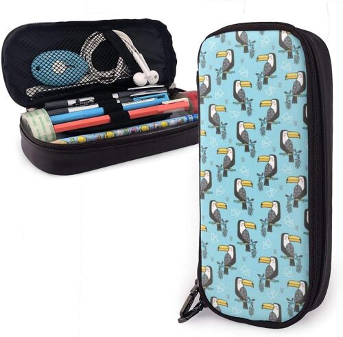 Toucan Bird Triangles Géométriques Tropicaux Sur Bleu Minuscule Petite Trousse À Crayons Grande Capacité Pochette À Crayons Organisateur De Papeterie Avec Fermeture À Glissière Pour Le Bureau De L'école, Trousse De Maquillage Multifonction