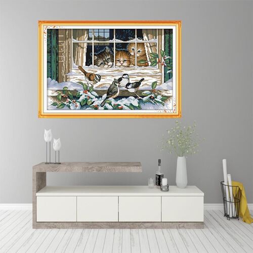 Motifs Estampillés Chats Oiseaux Pour Enfants, Motif Pré-Imprimé, Broderie