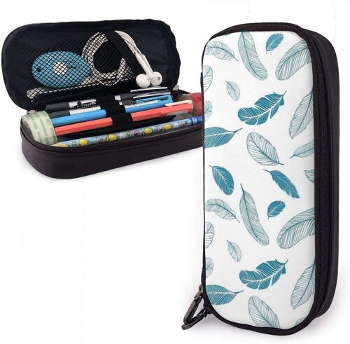 Plumes Bleues. Porte-Crayon À Motif Sans Couture, Pochette À Crayons De Grande Capacité, Organisateur De Papeterie Avec Fermeture Éclair Pour L'école Et Le Bureau, Trousse De Maquillage Cosmétique Multifonction