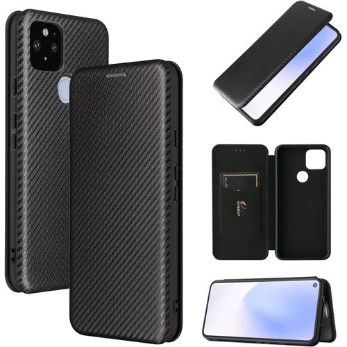 Compatible Avec Coque Google Pixel 5a, Mince Flip Fibre De Carbone [Test De Chute] Antichoc Stand Fente Avec Carte, Protecteur D'écran En Verre Trempé*2-Noir