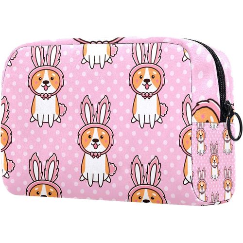 Grande Trousse De Maquillage Avec Fermeture Éclair - Organisateur De Cosmétiques De Voyage Pour Femmes Et Filles - Race De Chien Mignon Welsh Corgi Oreilles De Lapin Animal Rose