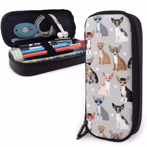 Chihuahua Chien Trousse Grande Capacité Stylo Marqueur Porte-Pochette Boîte Sac En Cuir Grand Rangement Papeterie Organisateur Avec Fermeture À Glissière Pour Le Bureau De L'école