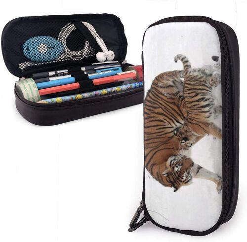 Big Tiger And Little Tiger Trousse À Crayons De Grande Capacité Avec Porte-Stylo Et Marqueurs, Boîte En Cuir, Grand Rangement, Organisateur De Papeterie Avec Fermeture Éclair Pour L'école Et Le Bureau