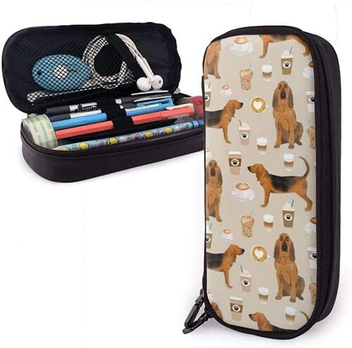 Bloodhound Chiens Et Cafés Trousse Mignonne En Cuir Pour Stylos, Trousse À Crayons Avec Boîte De Support À Double Fermeture Éclair Pour Adolescents, Trousse À Crayons