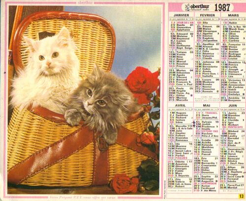 Calendrier / Almanach Des Ptt / Avec Feuillet Interne / 1987 / Chatons Dans Pannier + Chatons