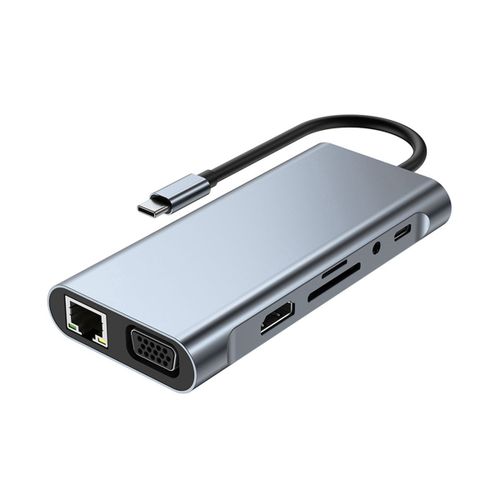 11 En 1 Type C Dock Hub USB 3.0 RéPartiteur Adaptateur Multiport 4K Compatible RJ45 SD/TF VGA PD Audio Jack Port Ethernet