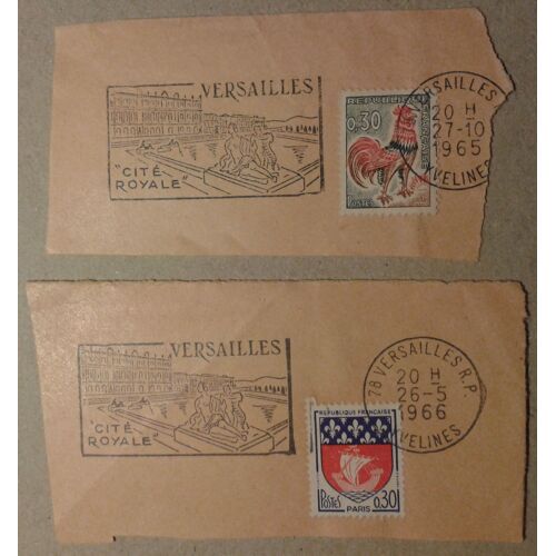 2 Timbres France 1965 Yvert Et Tellier N°1331a Coq Décaris, 1354b Blason De Paris Oblitérés "Versailles Cité Royale" 1965 1966 Sur Coins D'enveloppes