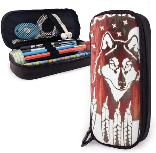 American Wolf Moon Trousse À Crayons En Cuir Pu Durable Avec Double Fermeture Éclair Pour L'école Et Le Bureau 3,8 X 8,9 X 20,3 Cm