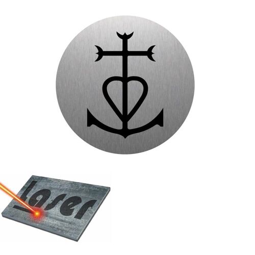 Plaque gravée autocollante 8cm cm "Croix de Camargue" fond Alu Brossé
