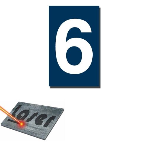 Plaque gravée autocollante 5x8cm Numéro de rue "6" fond Bleu