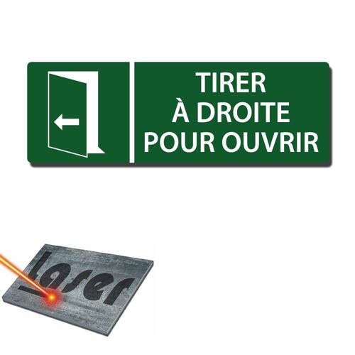 Plaque gravée autocollante 30x10 cm "Tirer à droite" fond vert