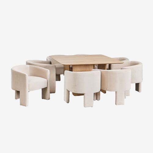 Ensemble table carrée 140x140 cm en MDF et placage de frêne Ginger et 8 chaises de salle à manger en velours Xastru NATUREL