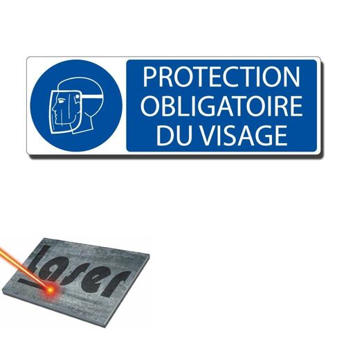Plaque gravée autocollante 30x10cm "Protection obligatoire du visage" fond bleu