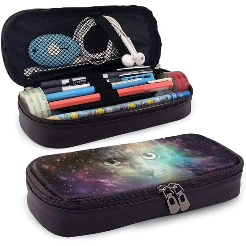 Trousse À Crayons En Cuir Motif Chat Galaxie, Grande Capacité, Résistante À L'usure, Double Fermeture Éclair