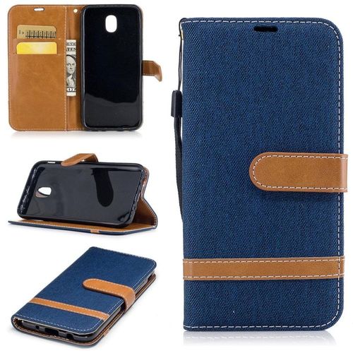 Saturcase Premium Jeans Style Denim Et Pu Cuir Magnétique Flip Portefeuille Support Porte-Carte Protecteur Case Cover Coque Housse Étui Avec Dragonne Pour Samsung Galaxy J5 (2017) Sm-J530f (Marine)