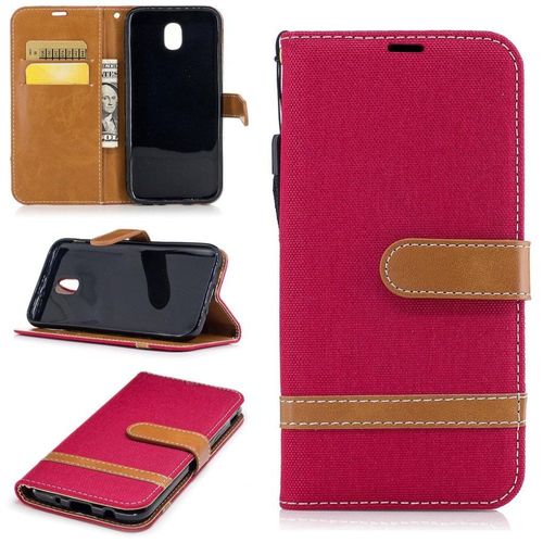 Saturcase Premium Jeans Style Denim Et Pu Cuir Magnétique Flip Portefeuille Support Porte-Carte Protecteur Case Cover Coque Housse Étui Avec Dragonne Pour Samsung Galaxy J5 (2017) Sm-J530f (Rouge)