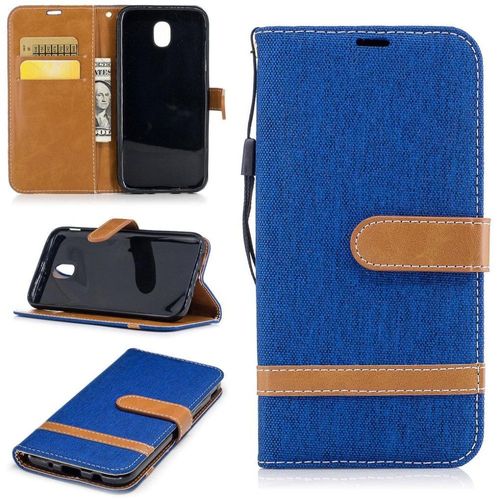 Saturcase Premium Jeans Style Denim Et Pu Cuir Magnétique Flip Portefeuille Support Porte-Carte Protecteur Case Cover Coque Housse Étui Avec Dragonne Pour Samsung Galaxy J5 (2017) Sm-J530f (Bleu)